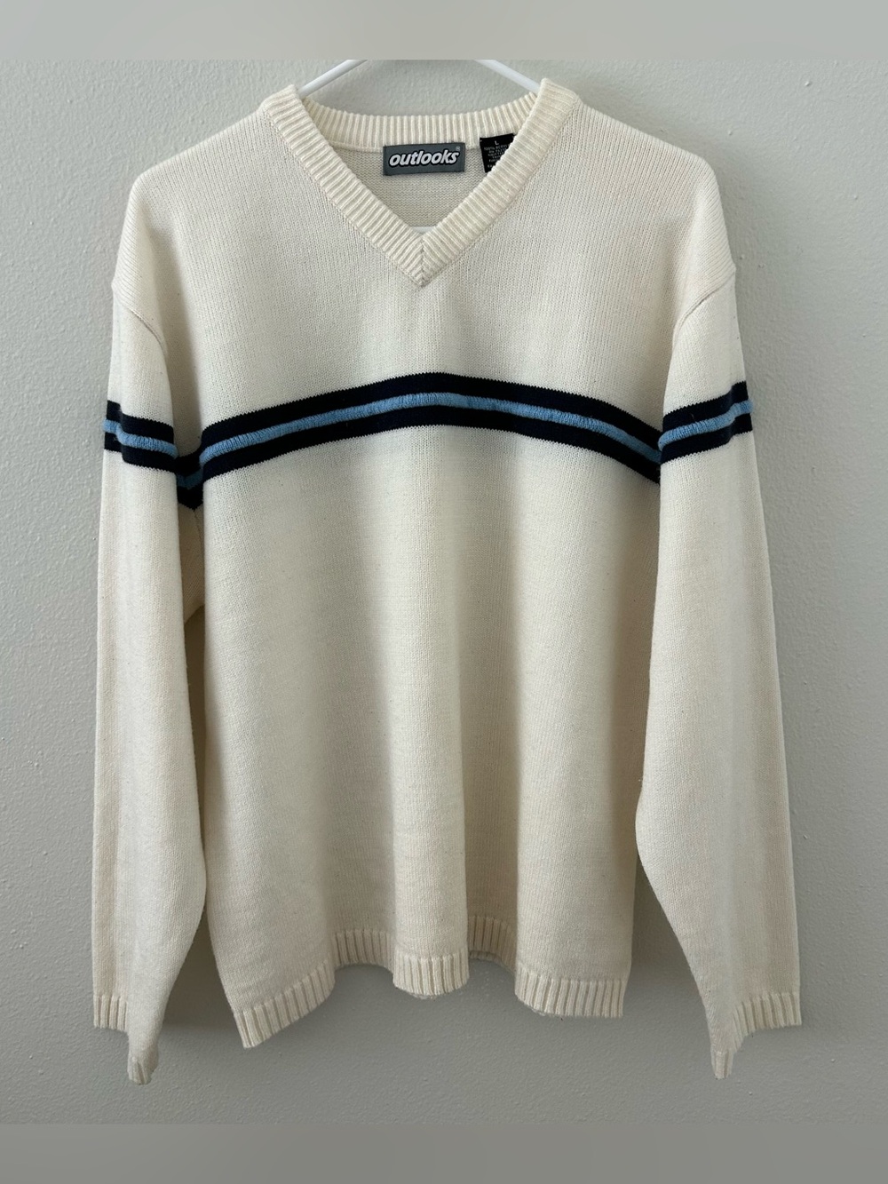 Vintage 90s Y2K Outlooks Sweater Size L Cream Blue Stripe Preppy Grunge V-Neck